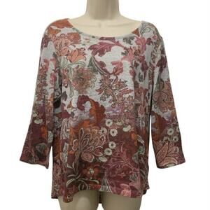 Energe World Wear Top Women’s Large Floral ¾ Sleeve Boho Fall Autumn Stretch
